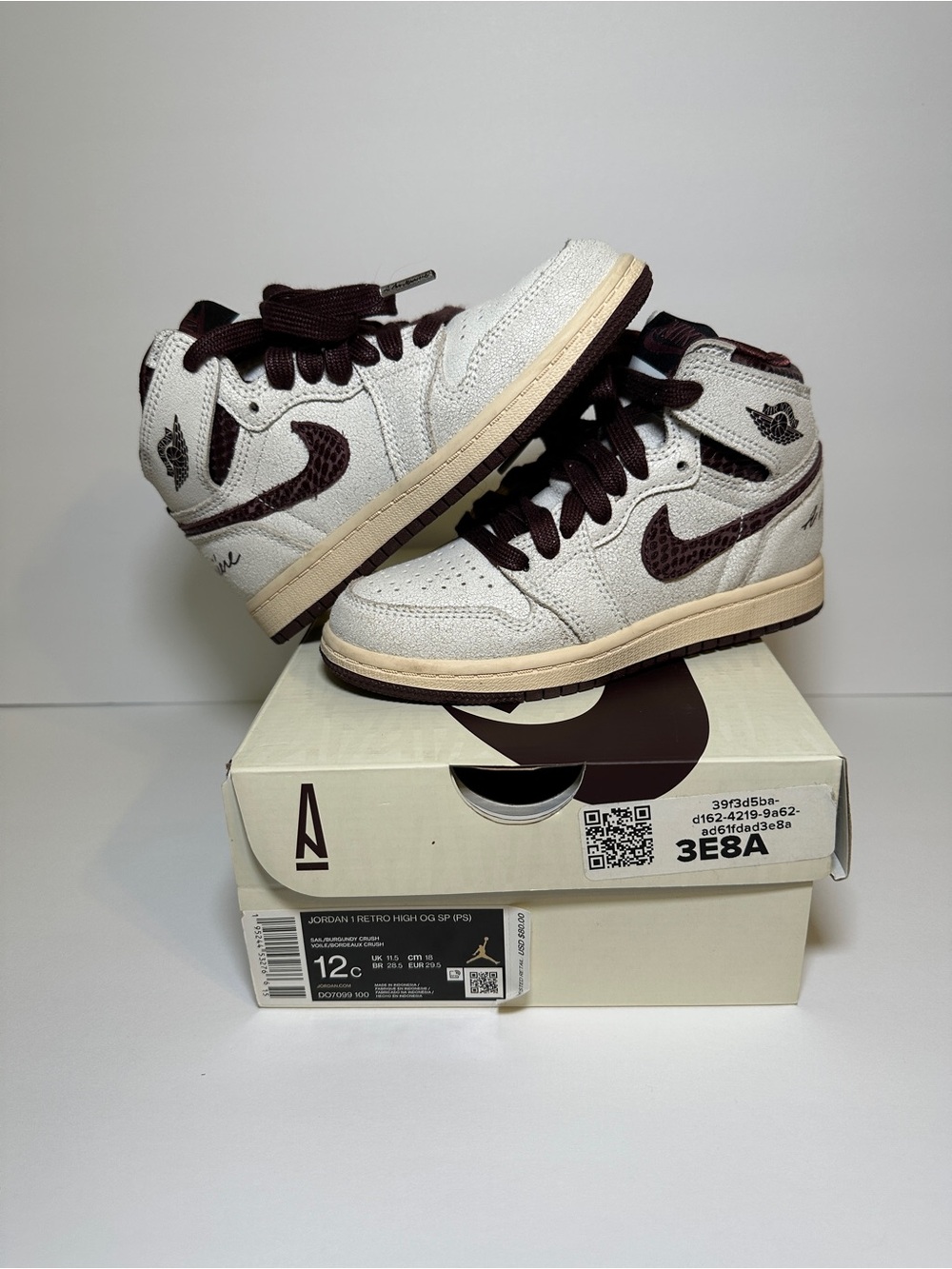 Kids A Ma Maniere x Air Jordan 1 High OG PS 12C Sail Burgundy w/ Box